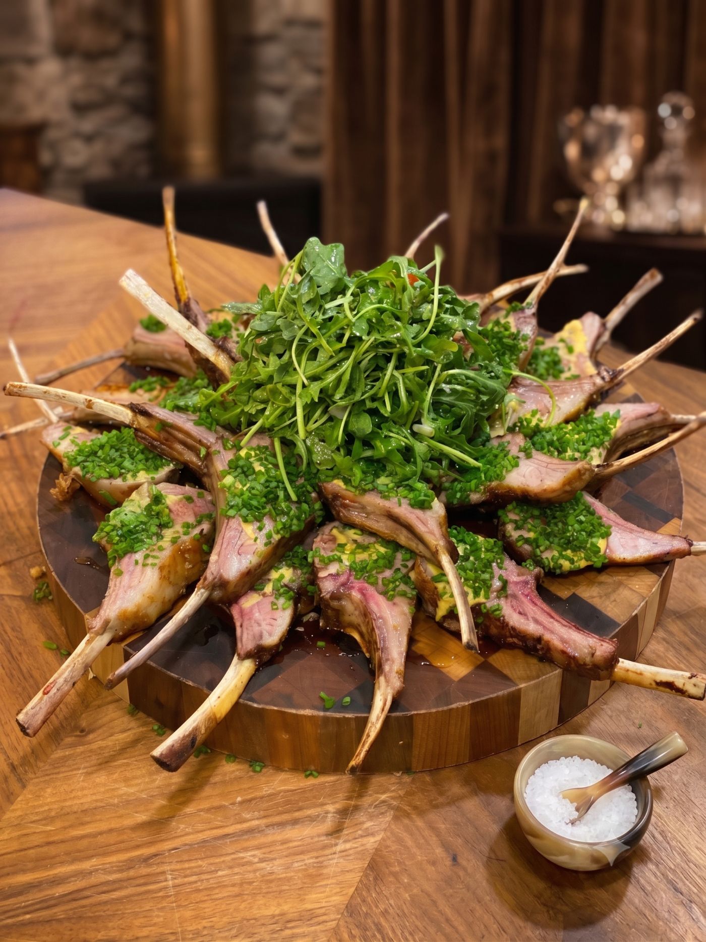 Herb-crusted rack of lamb, plated